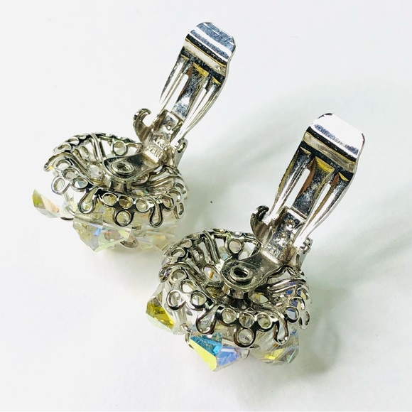 Vintage Pat Pend Signed AB Glass Crystal Clip on Earrings 1960s Silver Tone Base - Picture 5 of 8